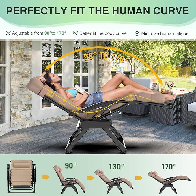 Suteck Oversized Zero Gravity Chair, 29In XL Outdoor Recliner Chair w/Removable Cushion&Headrest, Camping Lounge Chair w/Upgraded Lock&Footrest, Reclining Patio Chairs for Indoor Outdoor,500LBS