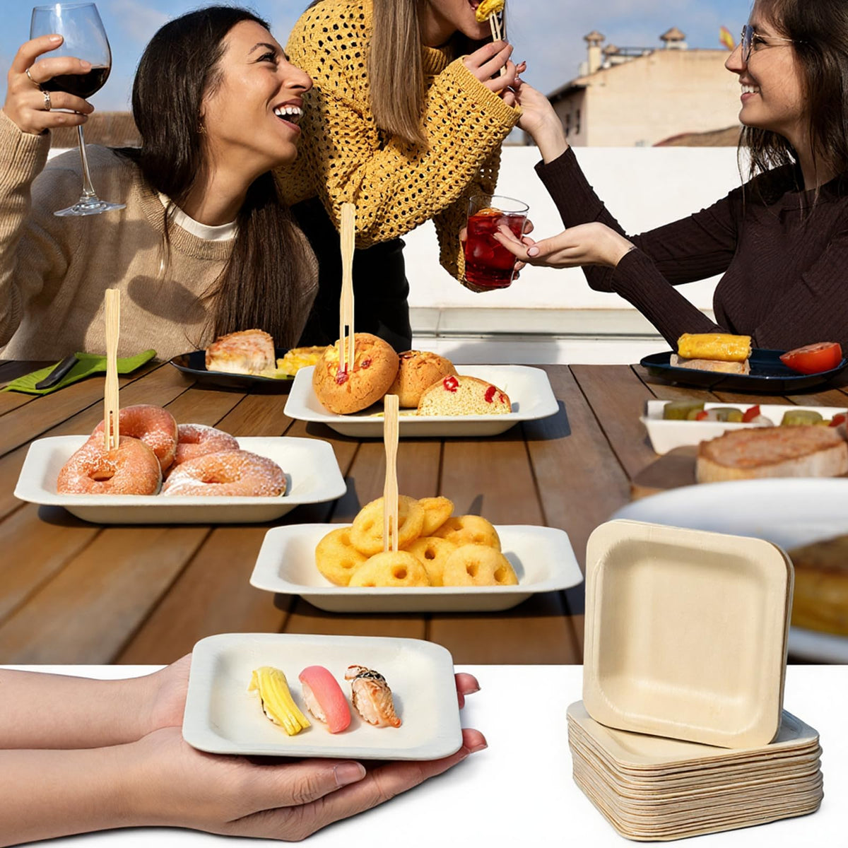 Hpmjz 300Pcs Disposable Square Bowls & Forks Set 4.5 × 4.5 Inch 100Pcs Bamboo Disposable Plates & 200pcs Forks Square Wood Plates for Birthday Party Wedding Events Appetizer Dessert Catering Home Use