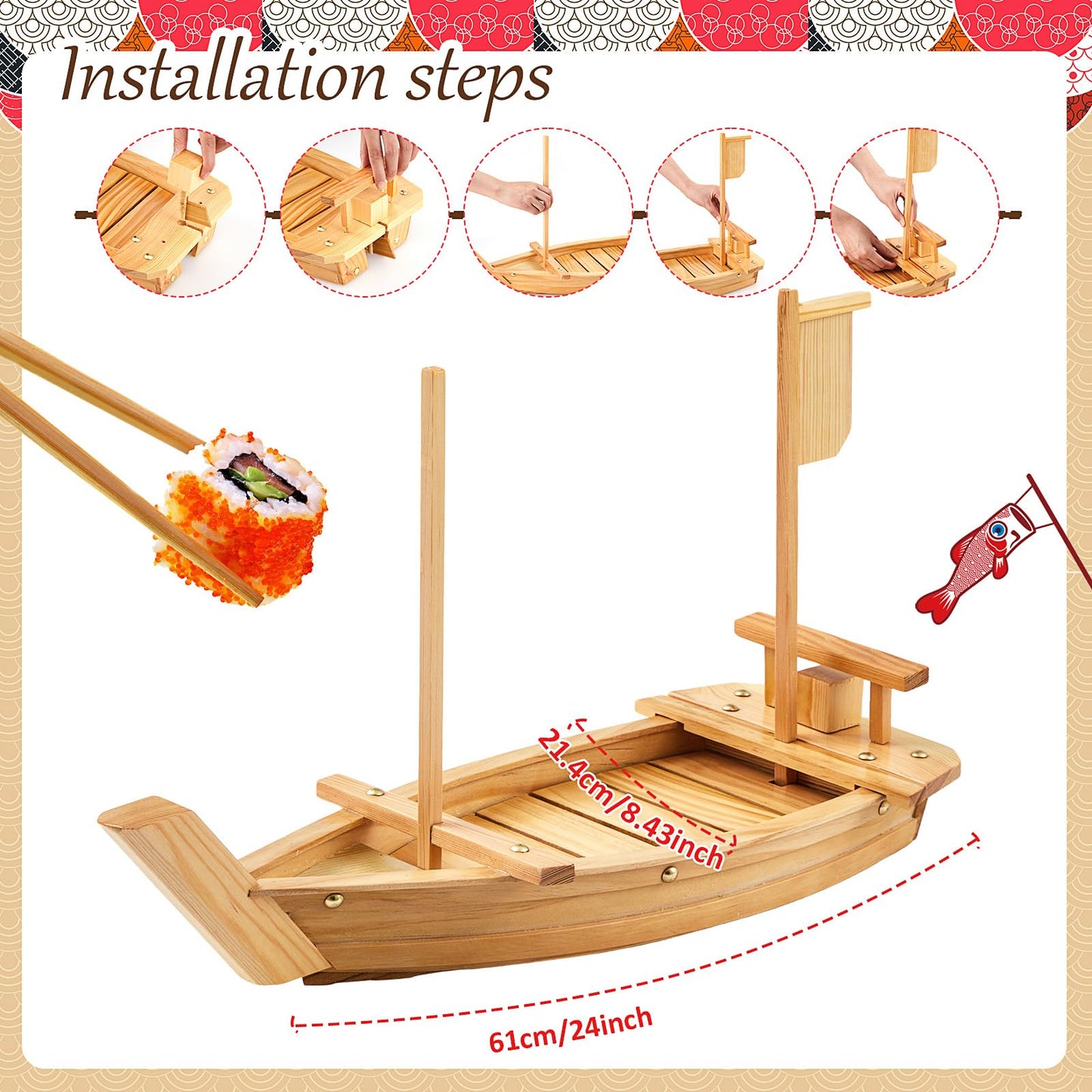 Juexica Wooden Sushi Boat Serving Tray Japanese Sushi Plate for Restaurant Sushi Tray Wood Serving Boat Plate for Food Display Home Wedding Birthday Party (Light Wood Color,24 Inch)