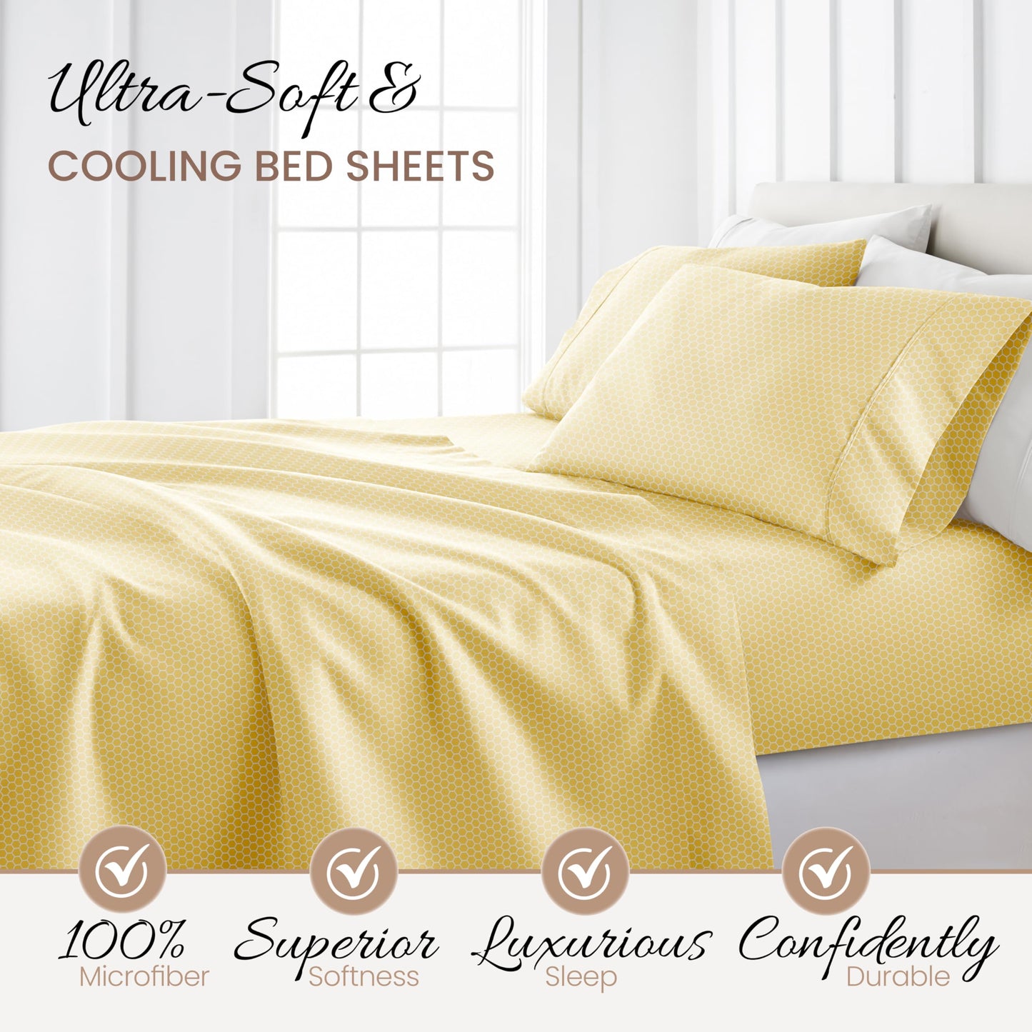 Linen Market Patterned Microfiber Full Sheet Set 4 Piece – Oeko-TEX Certified Ultra Soft & Wrinkle-Free - 16" Deep Pocket Sheets - Easy Care Full Size - Honeycomb Yellow
