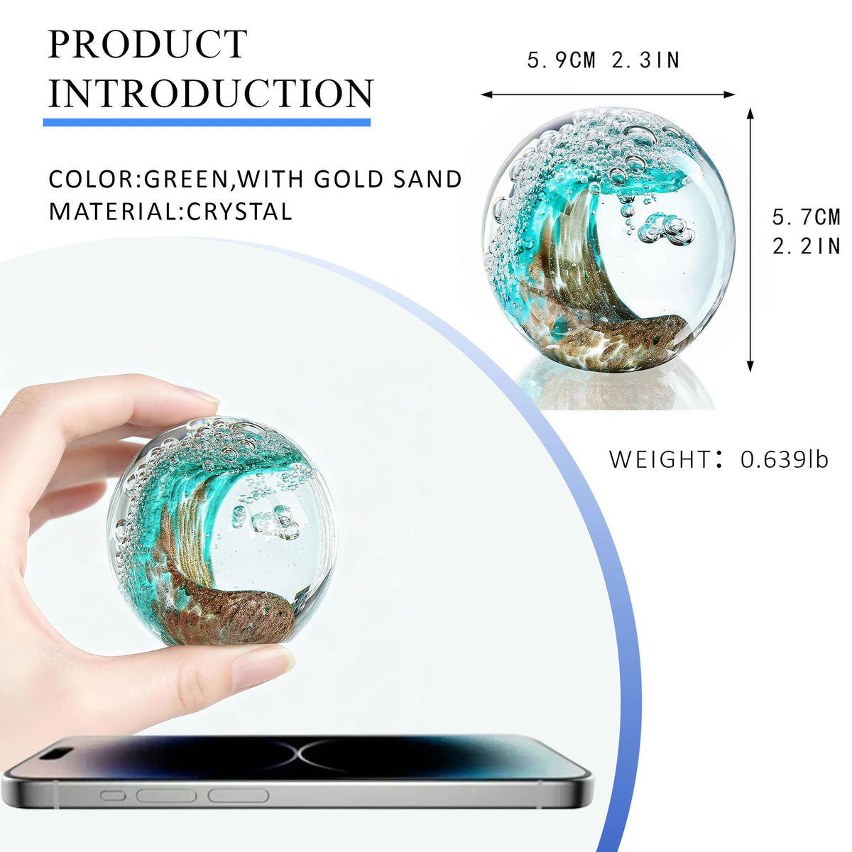 Hand Blown Glass Ocean Wave Ball, 2.3" Blue Sea Wave Crystal Figurine Paperweight, Decorative Glass Sphere Ornament for Home Office, Nautical Decor Collectible, Birthday Gift for Ocean Lovers