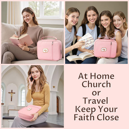 WOBAGMEN Bible Cover for Women,Pink PU Leather Personalized Bible Case with Bible Study Supplies,Including Tabs and Highlighter Set, Faith Chiristain Gift for Women Girls (Pink, G)