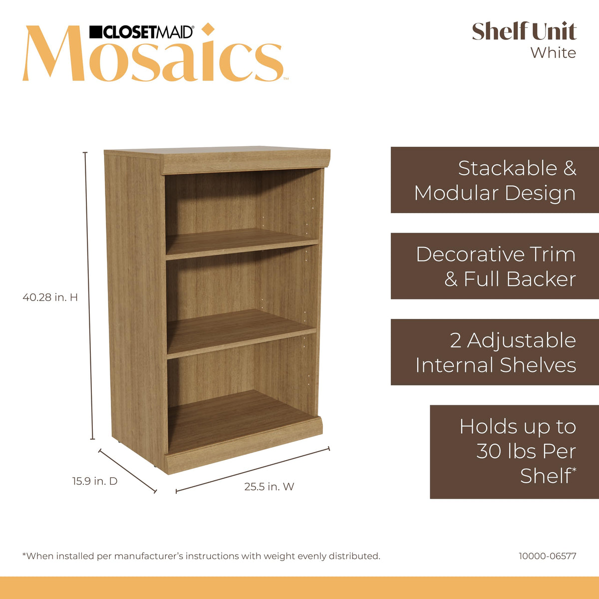 ClosetMaid Mosaics 3 Shelf Organizer, Stackable, Customizable Closet Organization System, Closet Storage Shelves, 25.5" W, Toasted Oak