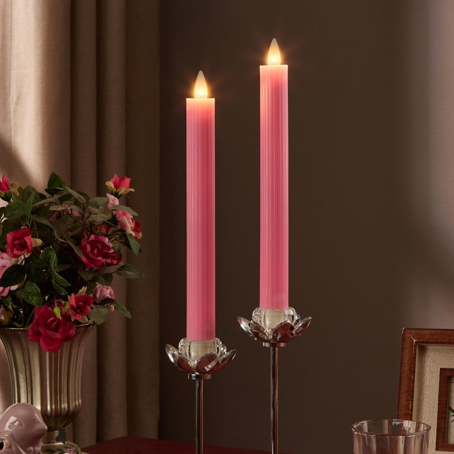 CozierGlow Flameless Taper Candles Flickering with Remote and Timer, 3D Moving Flame Taper Candle Battery Operated to 400 Hours, 9 Inch Window Candles, (Pink-Vertical Stripes)