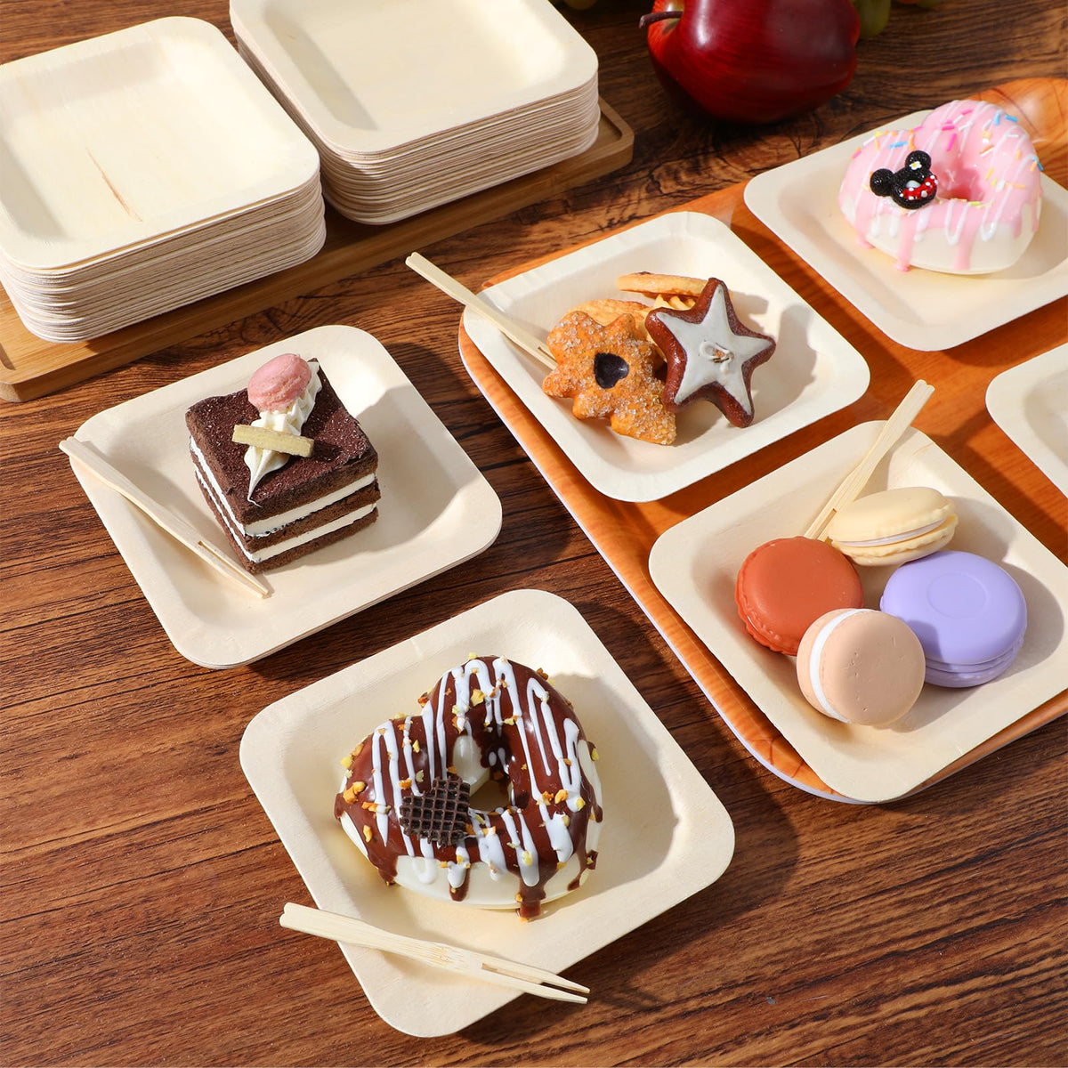Hpmjz 300Pcs Disposable Square Bowls & Forks Set 4.5 × 4.5 Inch 100Pcs Bamboo Disposable Plates & 200pcs Forks Square Wood Plates for Birthday Party Wedding Events Appetizer Dessert Catering Home Use