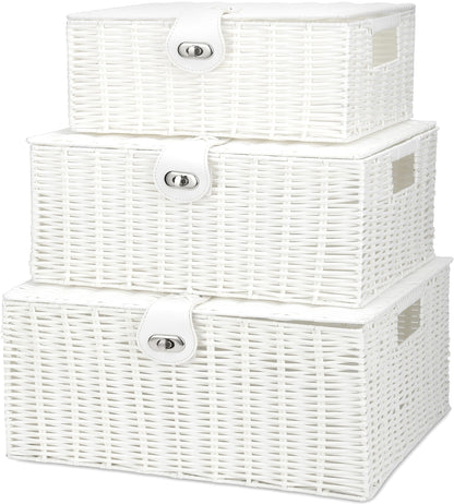Honygebia White Wicker Storage Baskets - Set of 3 Decorative Nesting Boxes with Lids, Woven Basket with Lock & Handle, Organizer for Beauty Makeup Bathroom Decor