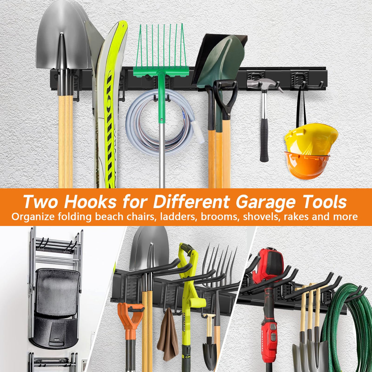WEZAFO Garage Tool Organizer Wall Mount, Heavy Duty 48 Inches Garage Organization and Storage Racks for Yard Tools with 6 Hooks, Tool Hangers Holders for Hanging Folding Chair, Rake and Shovel