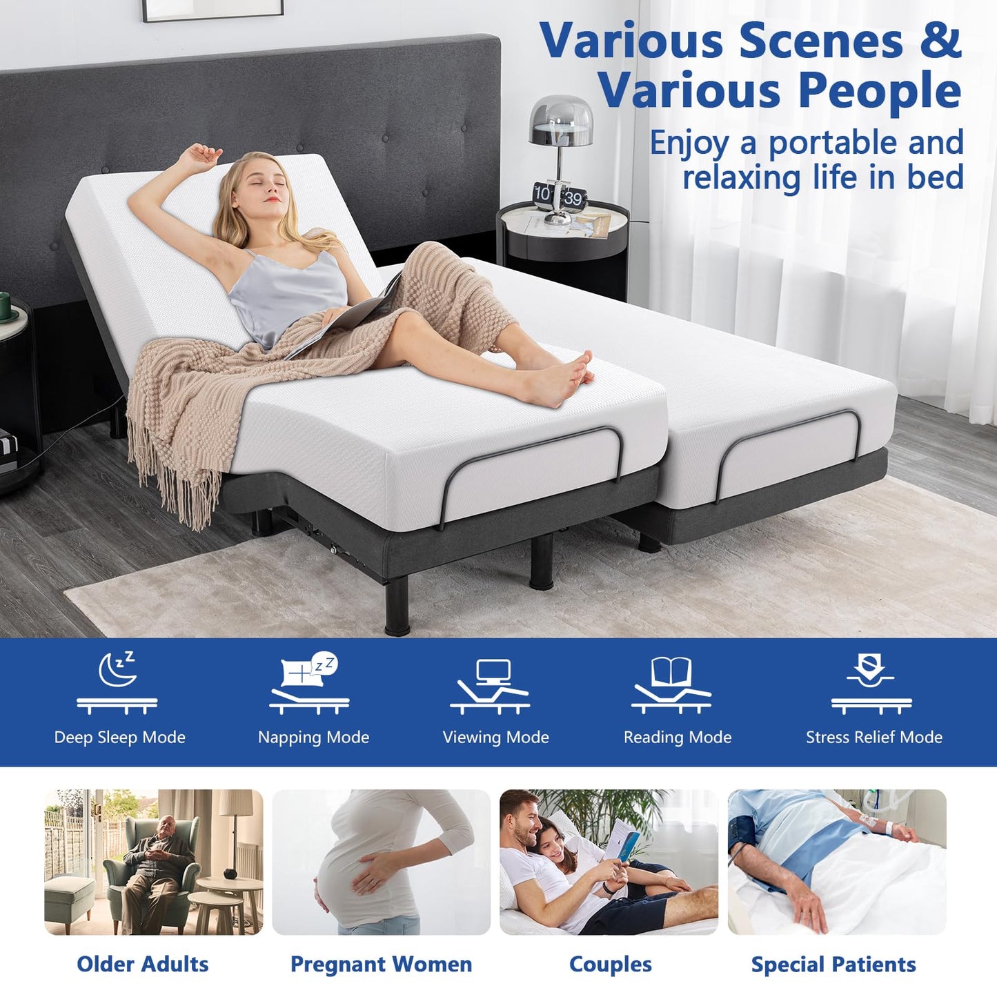 Queen Size Adjustable Bed Frame,10 Inch Gel Memory Foam Mattress, Adjustable Bed Base with Adjustable leg height,Separate Head/Foot Lift,Easy Assembly,Smart Electric Beds, Anti-Snore/Zero Gravity