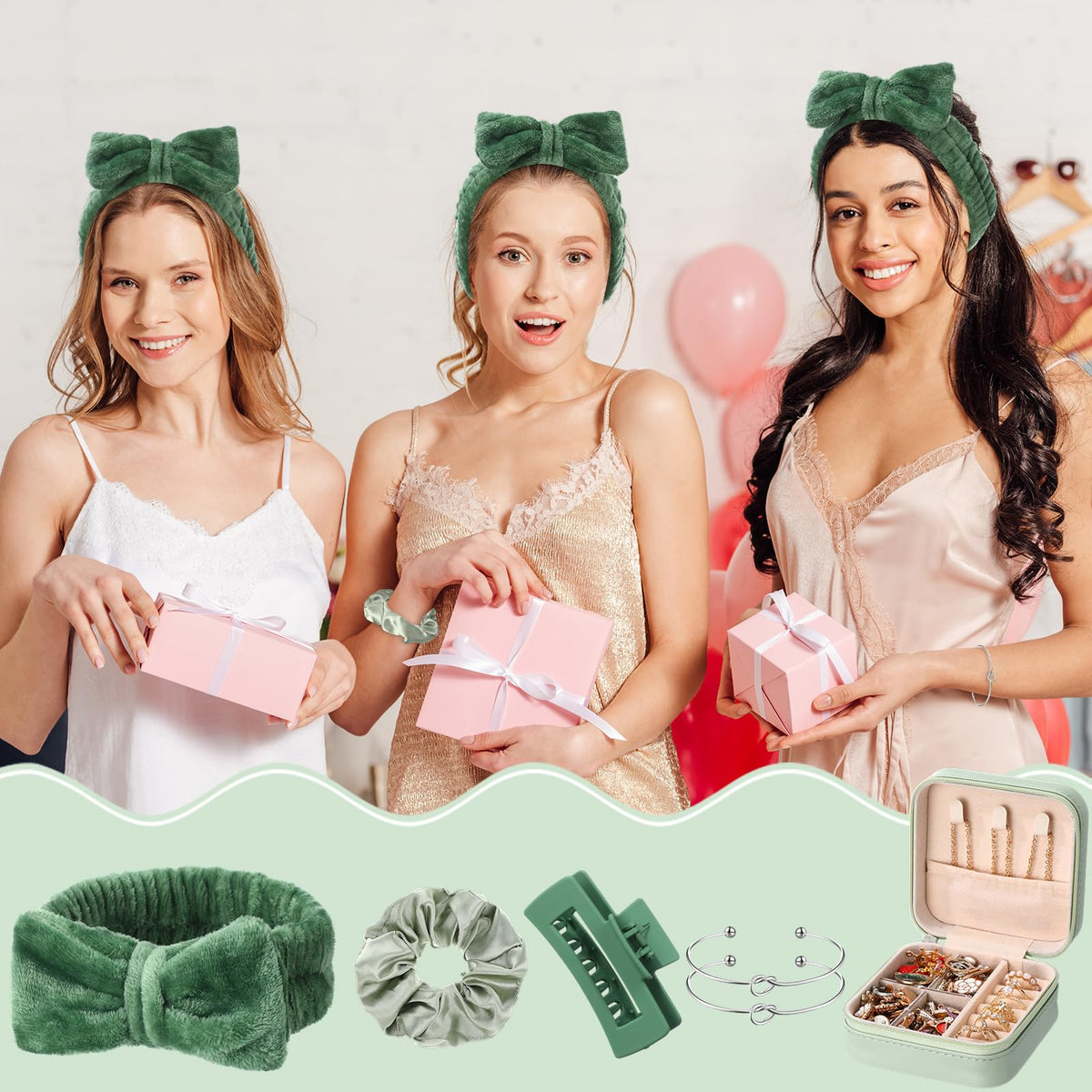 Suncalla 30 Pcs Spa Party Bridesmaid Proposal Gifts Wedding Bridal Party Favor Bridal Bracelet Jewelry Boxes Hair Clip Scrunchies Headband Knot for Graduation Gift(Sage Green)