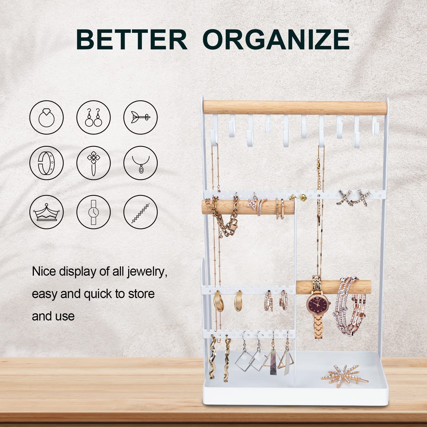 V-LAFUYLIFE Jewelry Organizer Stand Necklace Holder, 6-Tier Jewelry Tree Stand Organizer with Bracelet Holder Ring Tray and 10 Hooks 88 Holes for Earring Holder Jewelry Tower Rack -White
