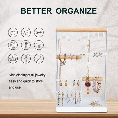 V-LAFUYLIFE Jewelry Organizer Stand Necklace Holder, 6-Tier Jewelry Tree Stand Organizer with Bracelet Holder Ring Tray and 10 Hooks 88 Holes for Earring Holder Jewelry Tower Rack -White