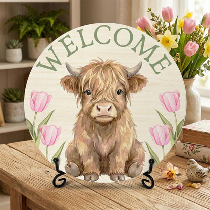 PATCATE Spring Tulip Table Decor for Home Office, 8-In Highland Cow Welcome Signs for Rustic Farmhouse Room Decor, Western Easter Gifts for Women
