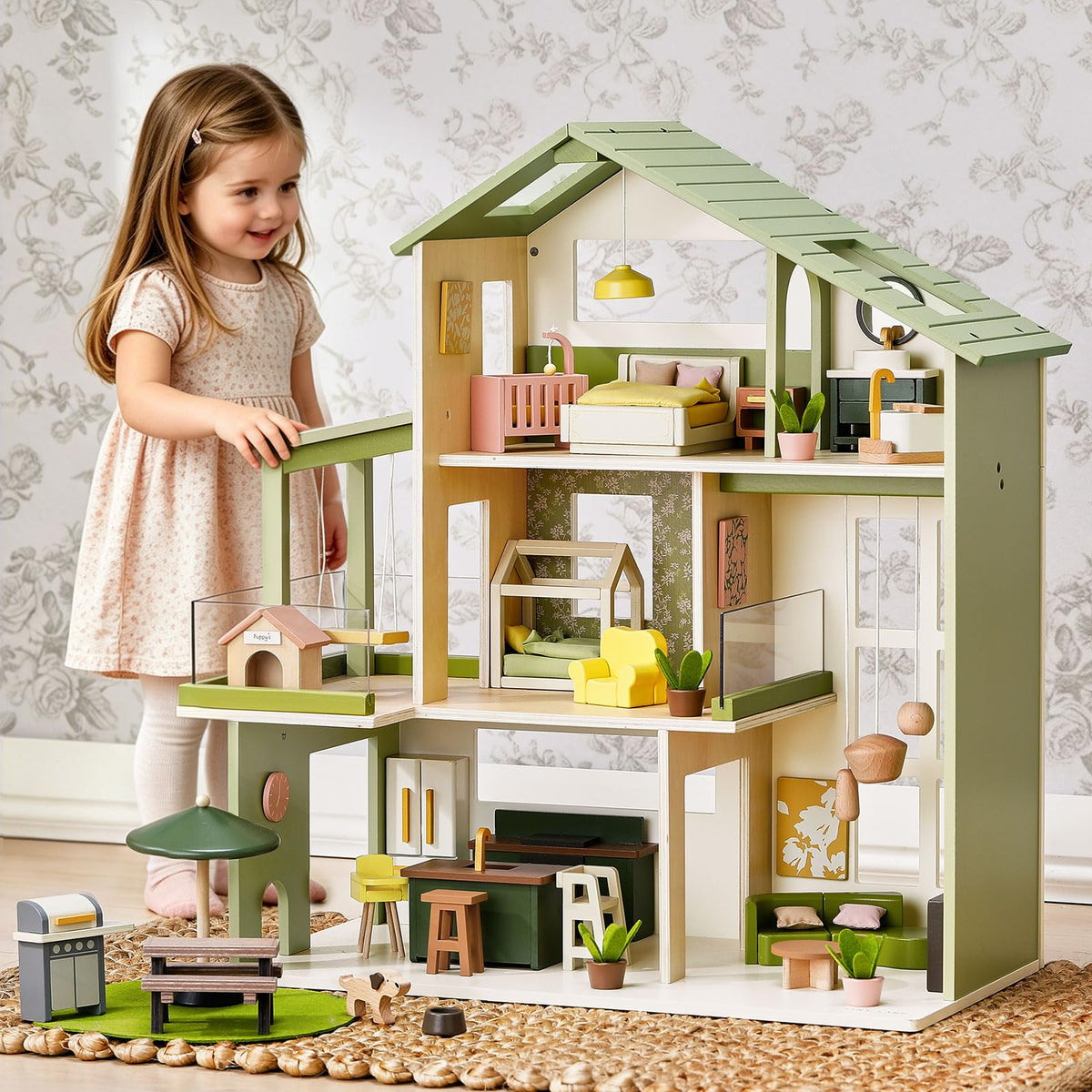 Tiny Land Wooden Dollhouse People Set，Wooden Doll House