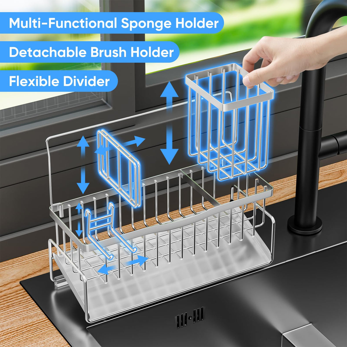 Adurei Sponge Holder for Kitchen Sink 304 Stainless Steel Self-Draining Sink Caddy with Smiley Face Sponge and Brush Holder Towel Bar and Divider Kitchen Gadgets Organizer for Countertop, Silver