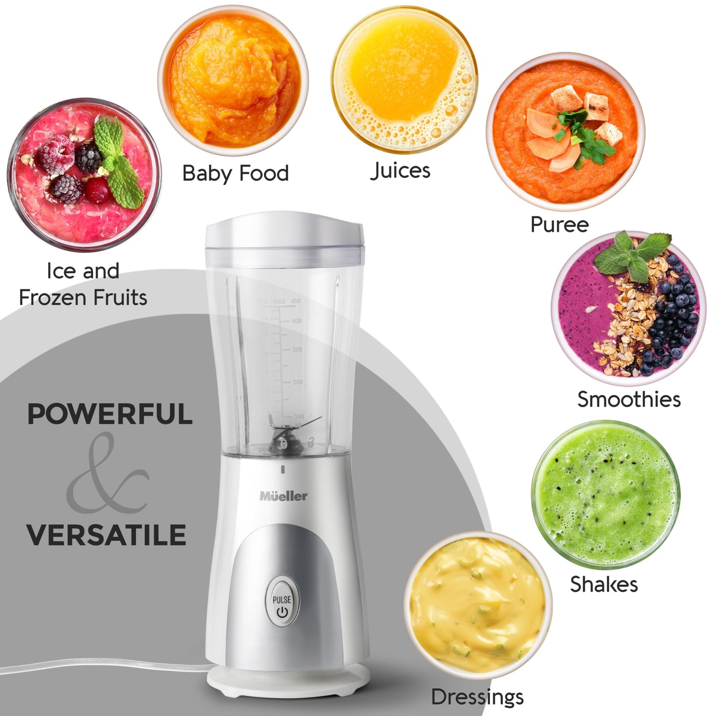 Mueller Smoothie Blender for Smoothies - Personal Blender for Shakes, Frozen Drinks, Baby Food & More, 15oz Travel Cup and Lid, Durable Stainless Steel Blades for Powerful Blending Performance, Black