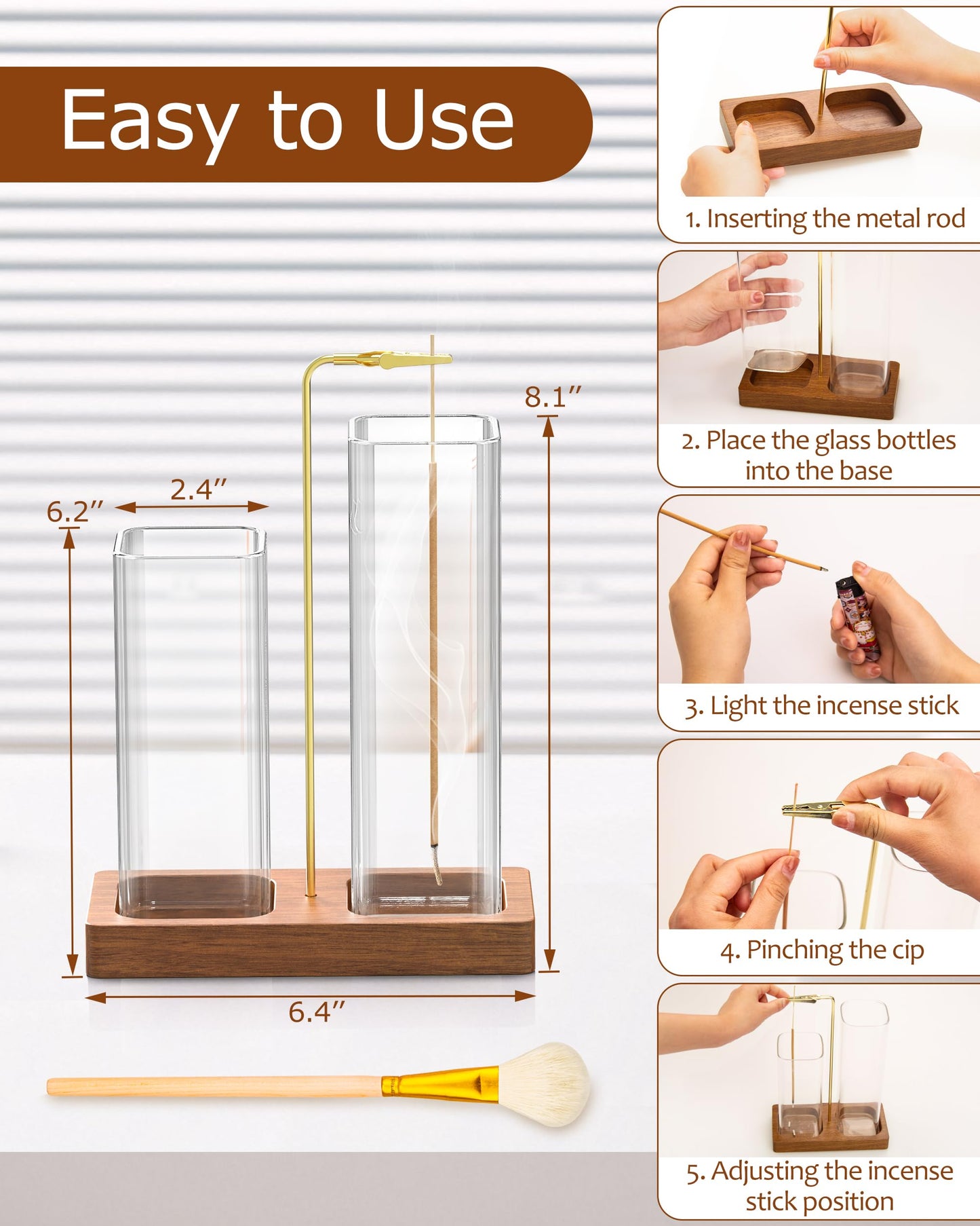 2 in 1 Incense Holder with 7.8" & 5.9" Glass Jars, Large Incense Holder for Sticks, Upside Down Incense Burner with Ash Catcher & Storage for Meditation Yoga Spa Home Decor - 20 Incense Sticks & Brush