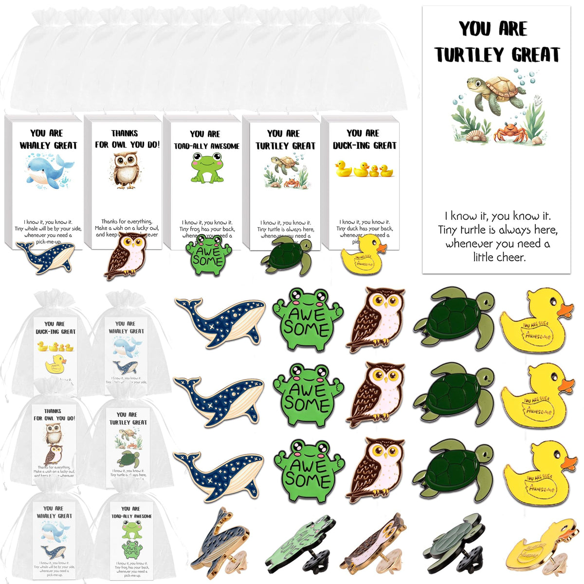 SOWPOPY 25/50/100 Sets Employee Appreciation Gifts Bulk Small Staff Thank You Gift with Inspirational Cards, Cute Animal Lapel Pins Team Appreciation Ideas for Office Coworkers, Teachers, Students
