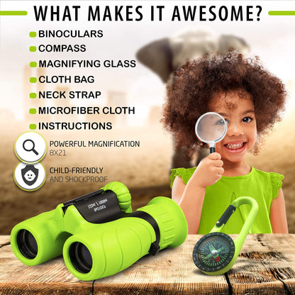 Binoculars for Kids – Perfect Toy for Little Boys and Girls – Extensive Set Incl. Magnifying Glass & Compass – Powerful Magnification 8X21 – 3 to 12 Year Old Kids for Toddler