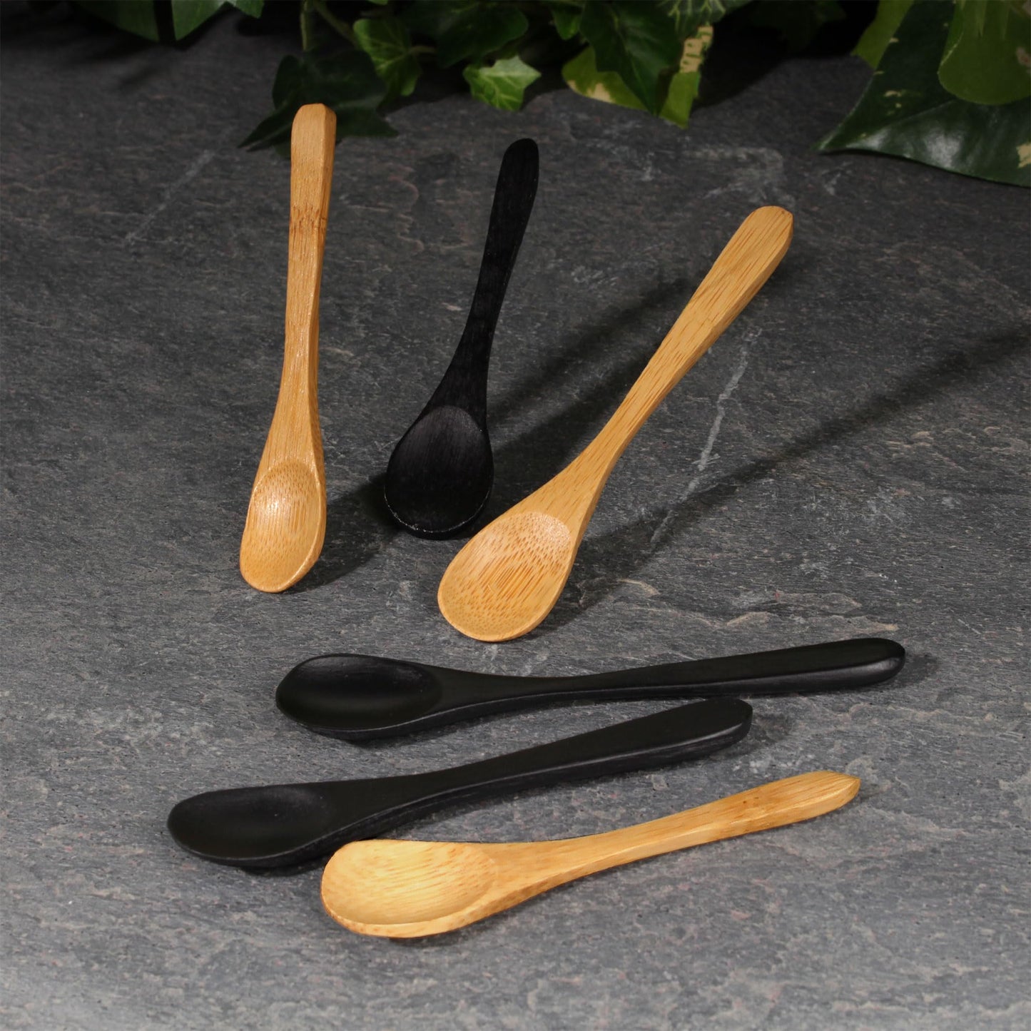 BambooMN Bamboo Serving Spoons, Mini Salt Sugar Spoon, Tiny Wooden Spoons for Spices, Black Oval 3.5", 10 Pieces