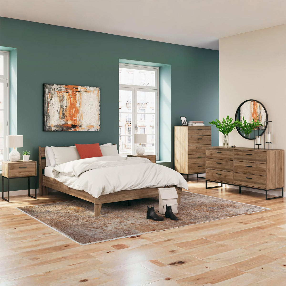 Signature Design by Ashley Deanlow Mid-Century Modern 6 Drawer Dresser with Safety Stop for Bedroom, Light Brown & Black