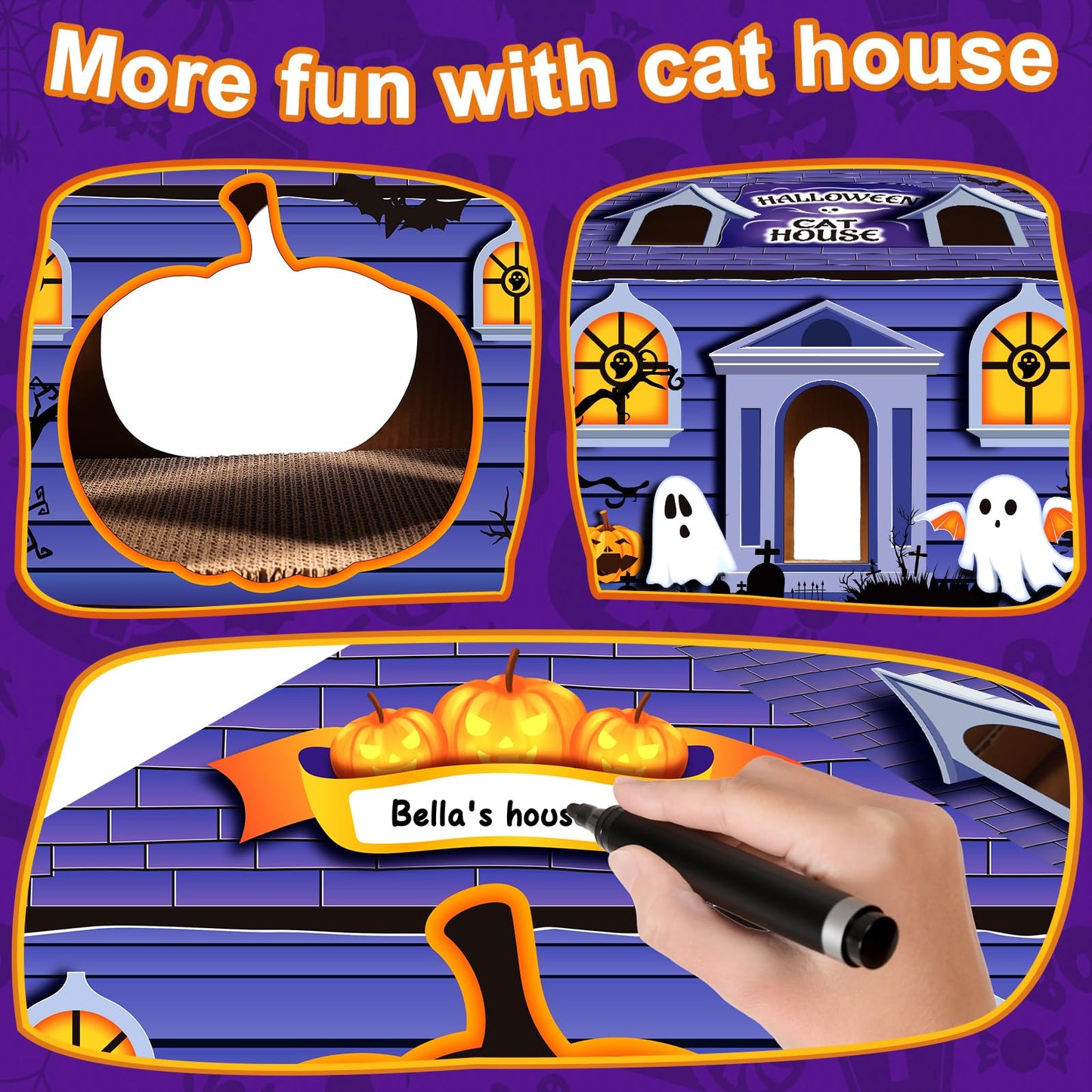 Tailtastic Halloween Cardboard Cat House Playhouse with 2 Scratching Pads & Catnip - Indoor Cat Scratcher Hideaway for Kittens & Cats (14"x14"x13")