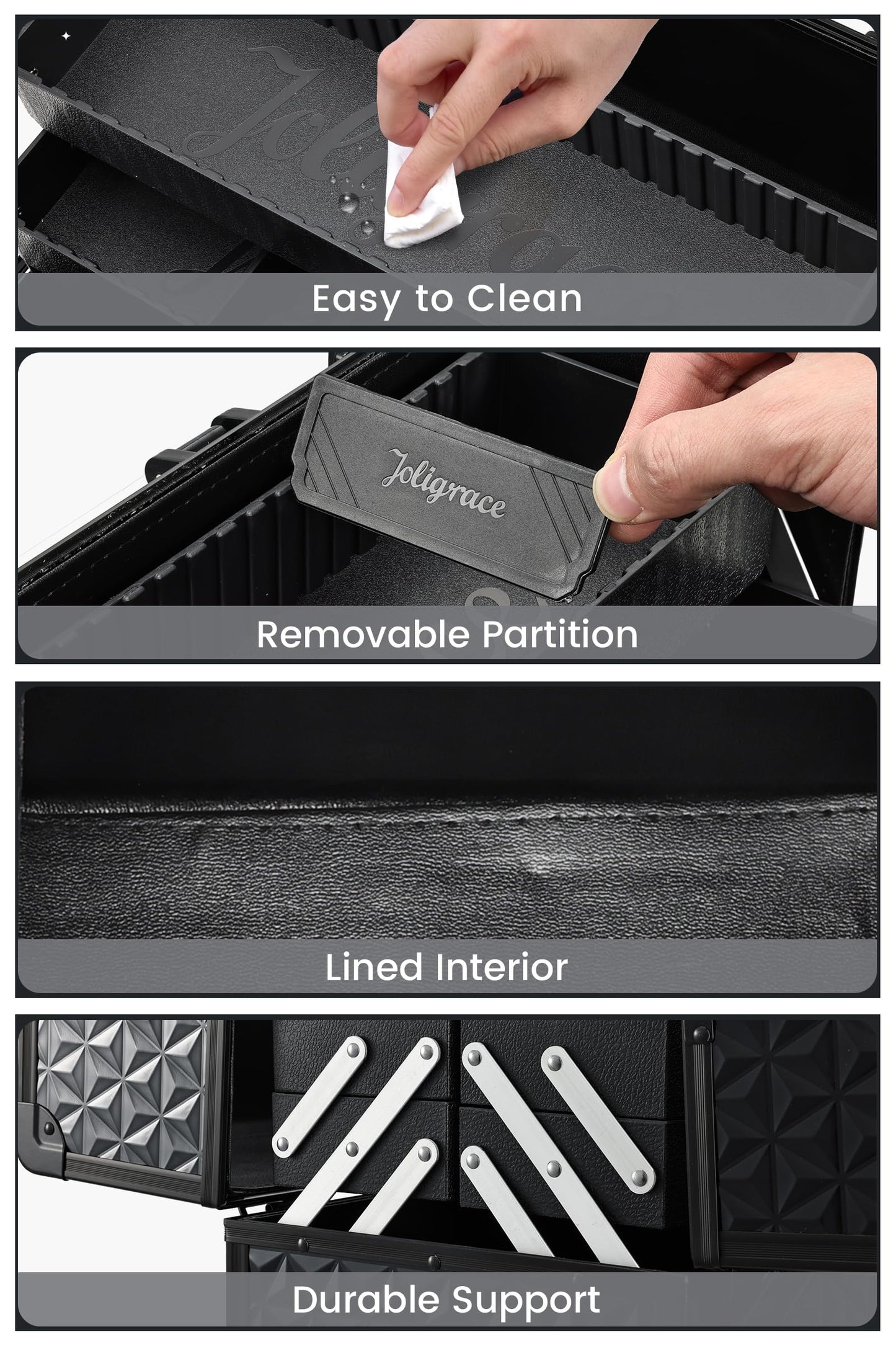 Joligrace Large Makeup Case Makeup Organiser Box Vanity Case Lockable Cosmetic Cases 4 Trays with Shoulder Strap Clasp, Black