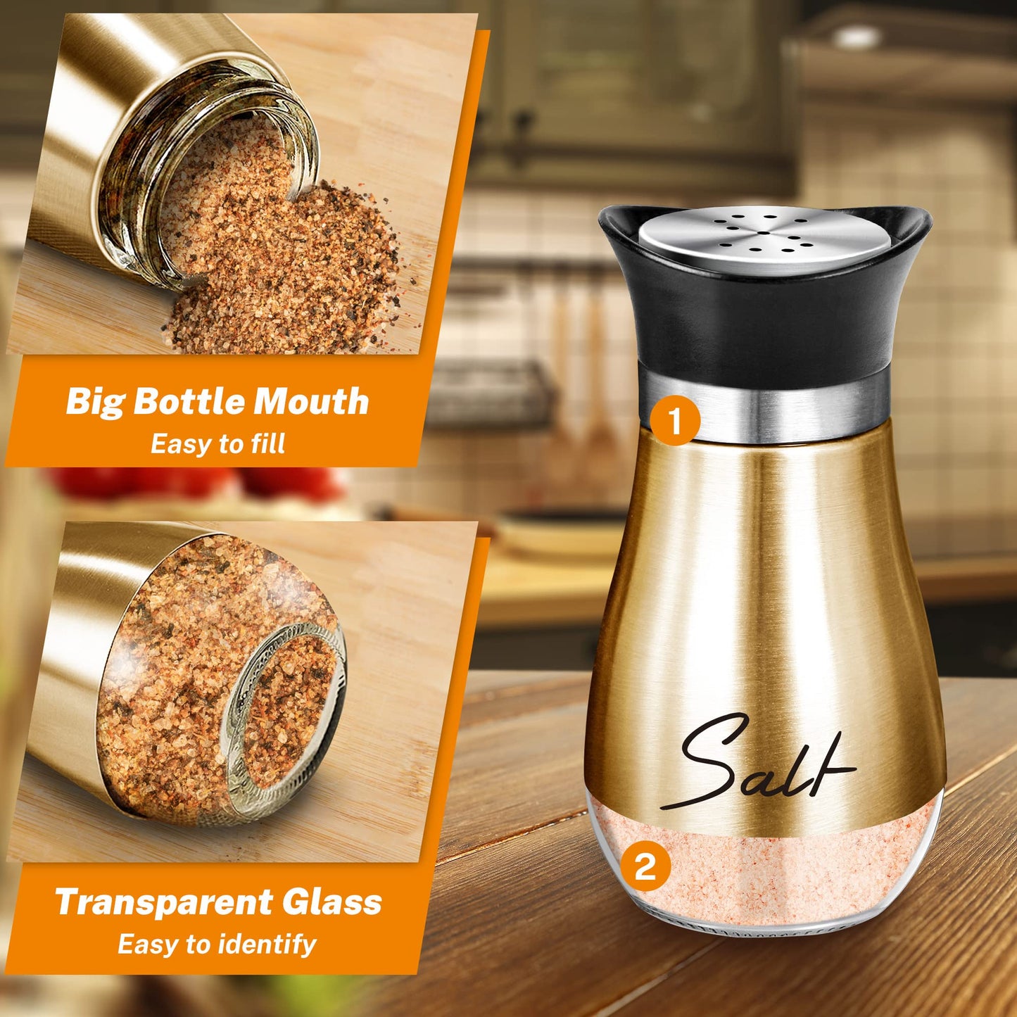 Copper Salt and Pepper Shakers Set with Holder,4 oz Modern Farmhouse Kitchen Decor and Accessories for Restaurant, Wedding, Housewarming Gifts Refillable Design (Copper)