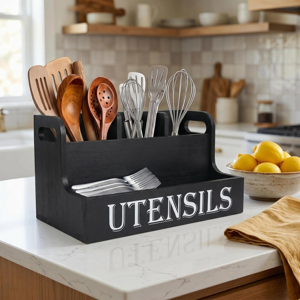 SHAXIXI Wooden Utensil Holder Kitchen, Country Style Cutlery Holder With Drainage Holes In The Bottom (Black)