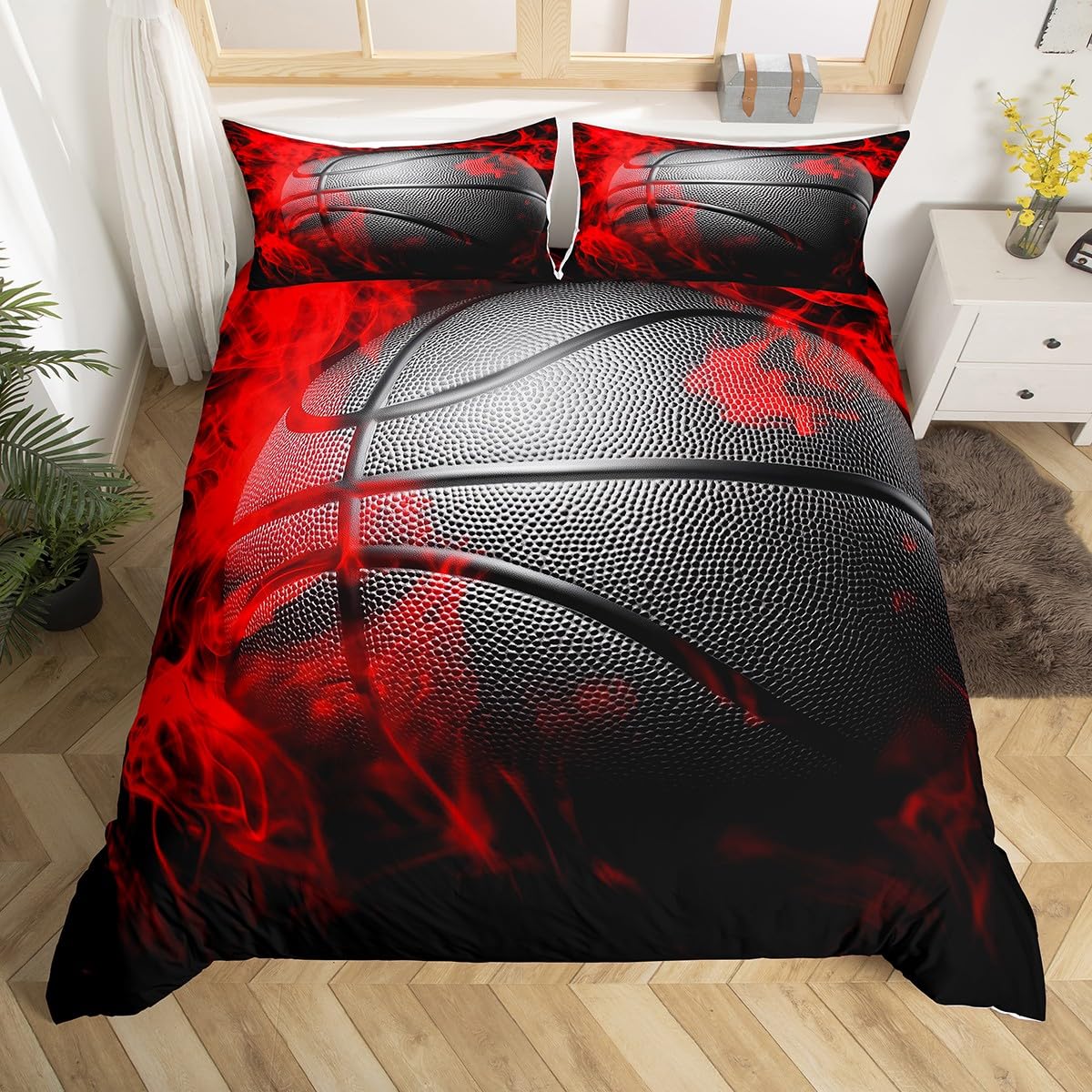 Homewish Basketball Duvet Cover Set Sports Theme Bedding Set 3pcs for Kids Boys Teens Red Flame Basketball Comforter Cover King Size Game Room Bedspread Cover with 2 Pillowcases (No Comforter)