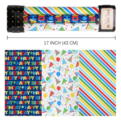 BIOBROWN Birthday Wrapping Paper, Colorful Gift Wrap with Text Happy Birthday Balloon Stripes Design for Kids, 17 inch X 120 inch Per Roll