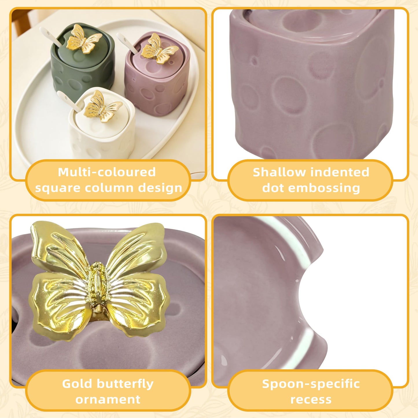 BarroSol Ceramic Sugar Container, 6.7ounce Sugar Bowl with Lid and Spoon,Sugar Jar with 3D Golden Butterfly Decoration for Coffee, Salt, Spices,Sugar Holder for Coffee Station Accessories,Purple