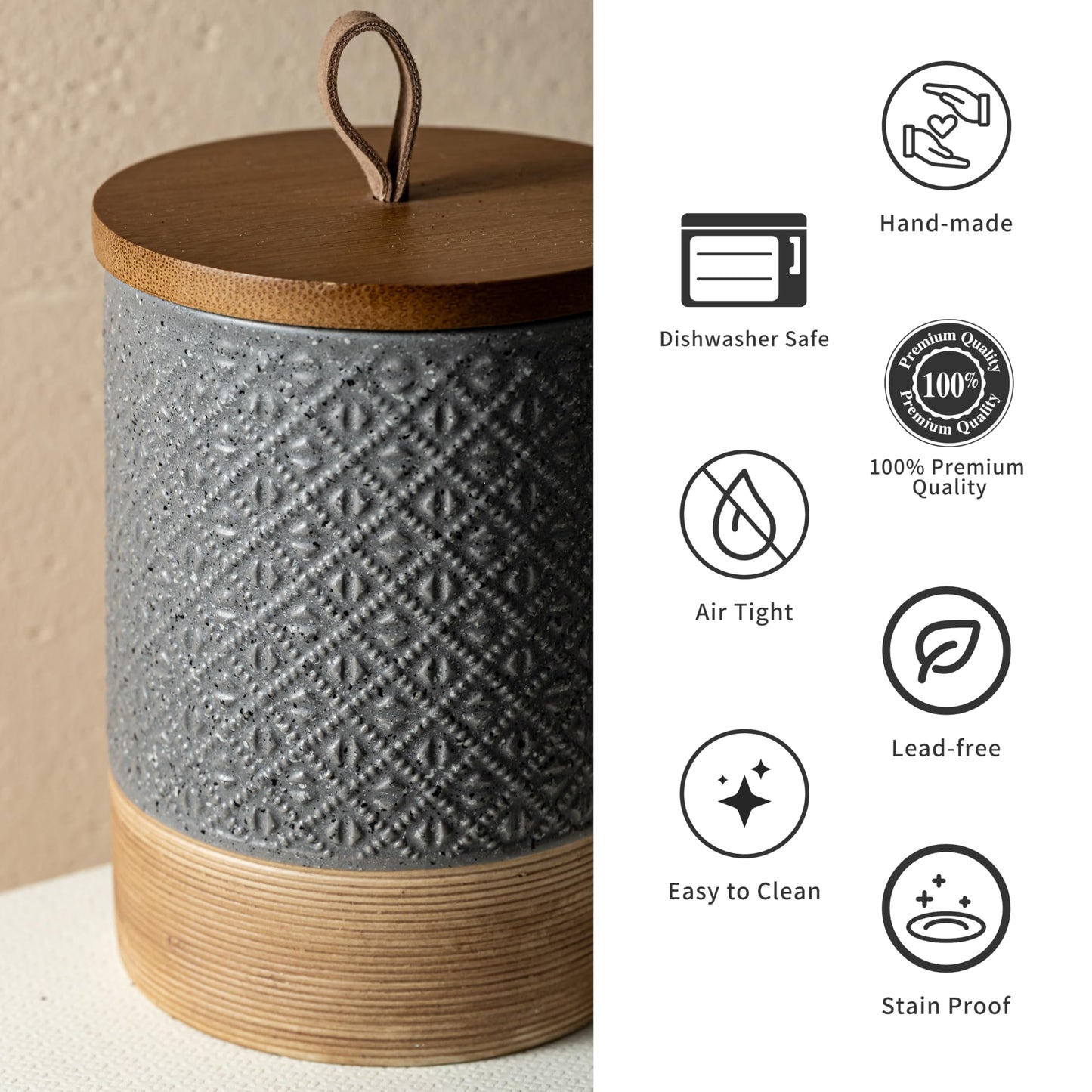 Miamolo Ceramic Jar with Lid Airtight, Coffee Canister Kitchen Food Storage Jars for Spice Sugar Salt, Coffee Bar Accessories Decorative Container for Countertop - Gray & 42 fl.oz