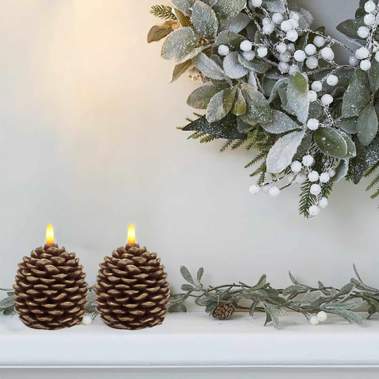 CVHOMEDECO. Pine Cone Candles Battery Operated Pinecones with Remote and Timer, Pine Cones Candle LED Flameless Flickering Candles for Fall, Christmas Decor. Golden-Brown, H 4.8 Inch, Pack of 2