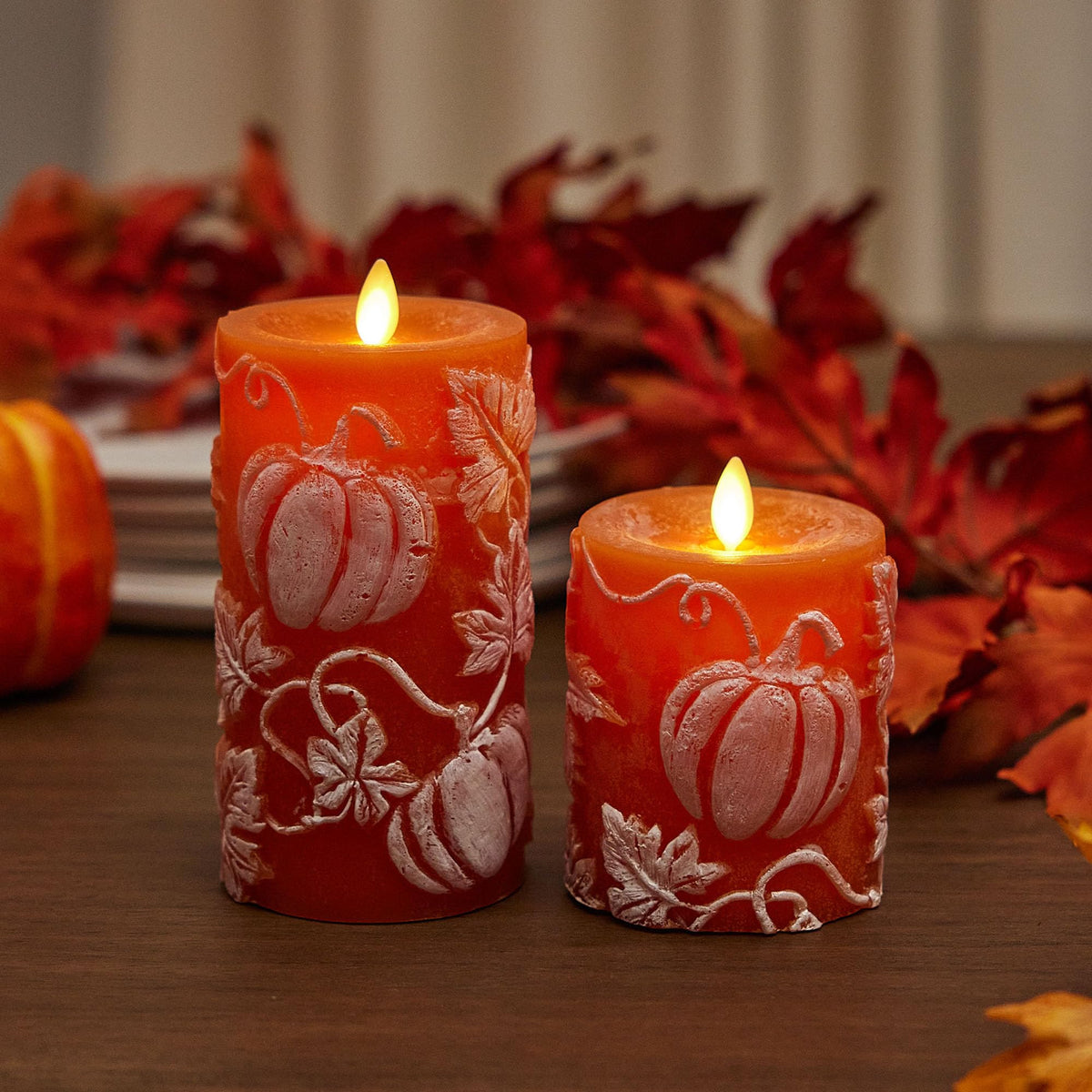 Luminara Embossed Leaves and Pumpkins Moving Flame Pillar Candle 3.25" x 4.5" with Recessed Edge Unscented Real Wax LED Battery Operated Candle Lights