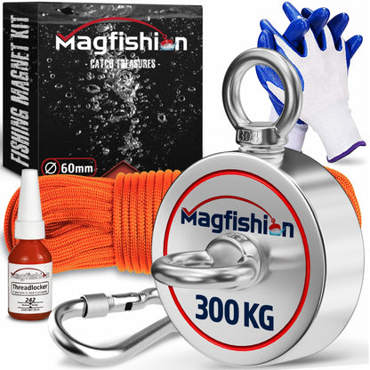 MAGFISHION Magnet Fishing Kit - 300 KG (700lb) - Ø60mm - Super Strong Neodymium Magnet with Rope (20M), Carabiner, Gloves, Threadlocker - Magnetic Powerful Magnets
