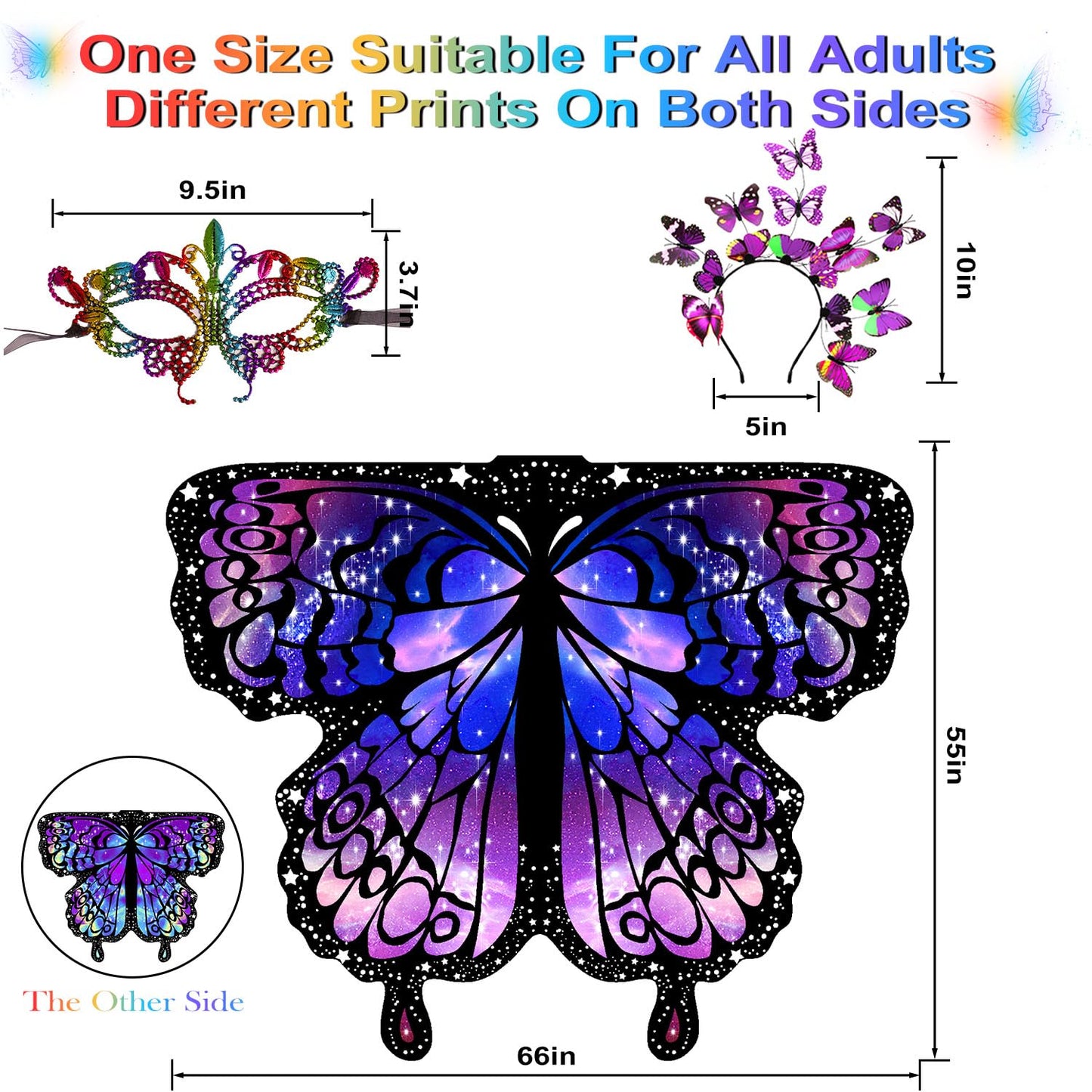 LYL. Ling Halloween Costumes Adult Women，Double-Sided Butterfly Wings Adults，Purple Butterfly Costume for Women，3PCS Fairy Wings Set.