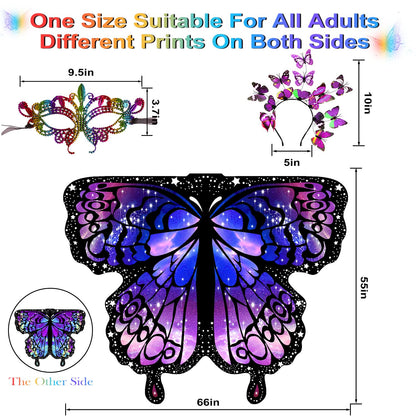 LYL. Ling Halloween Costumes Adult Women，Double-Sided Butterfly Wings Adults，Purple Butterfly Costume for Women，3PCS Fairy Wings Set.