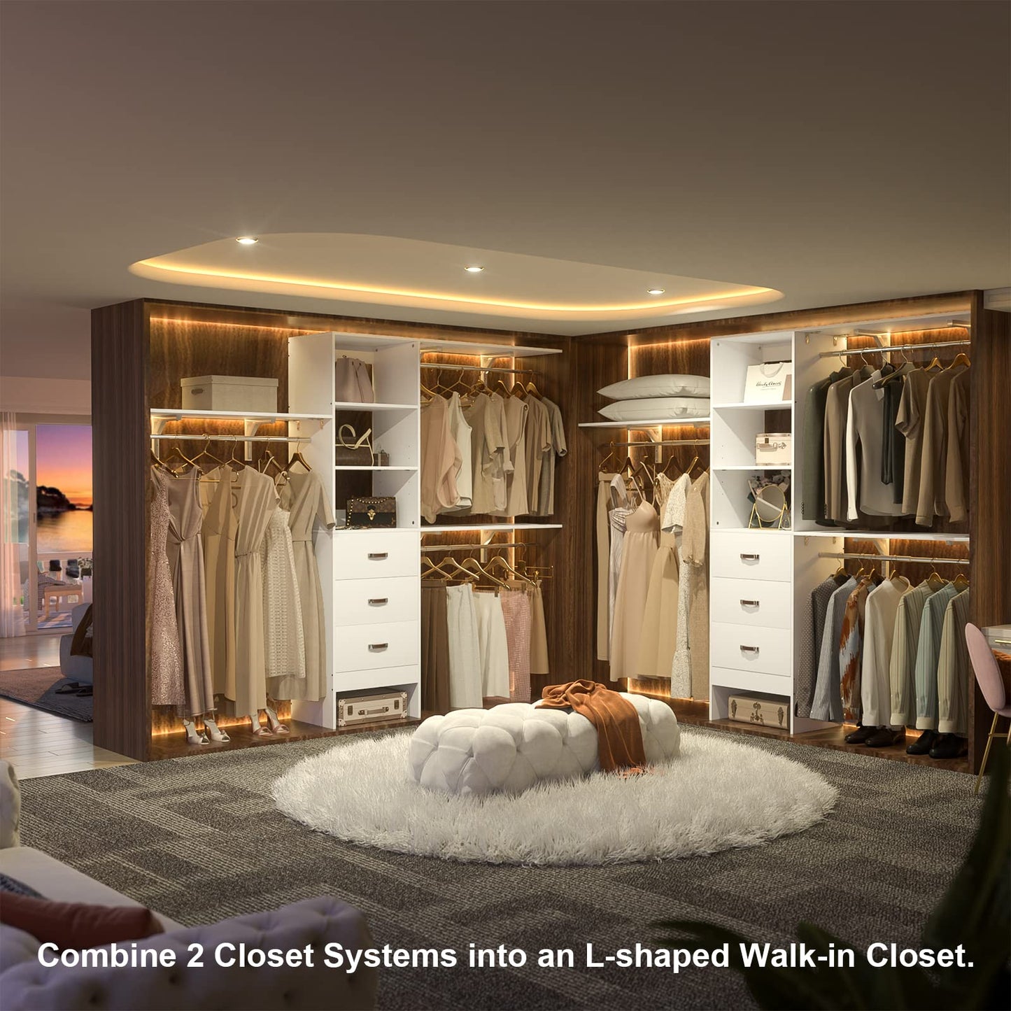 8FT Closet System, 96'' Closet Organizer System with 3 Hanging Rods, Wall Mount Bedroom Wardrobe with 3 Drawers Walk-in Closet, Adjustable Cloth Garment Rack from 5 to 8FT (Cut to Fit), White