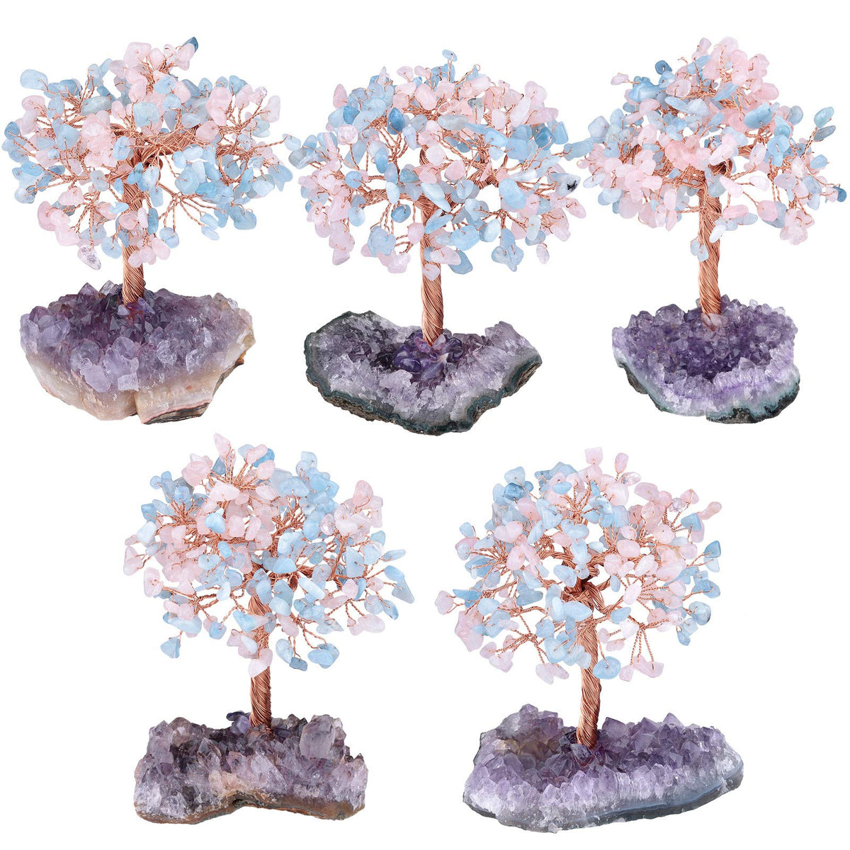 TUMBEELLUWA Natural Crystal Chips Money Tree for Good Luck and Wealth Handmade Stones Figurine Bonsai Tree with Natural Amethyst Cluster Base, Rose Quartz+Aquamarine