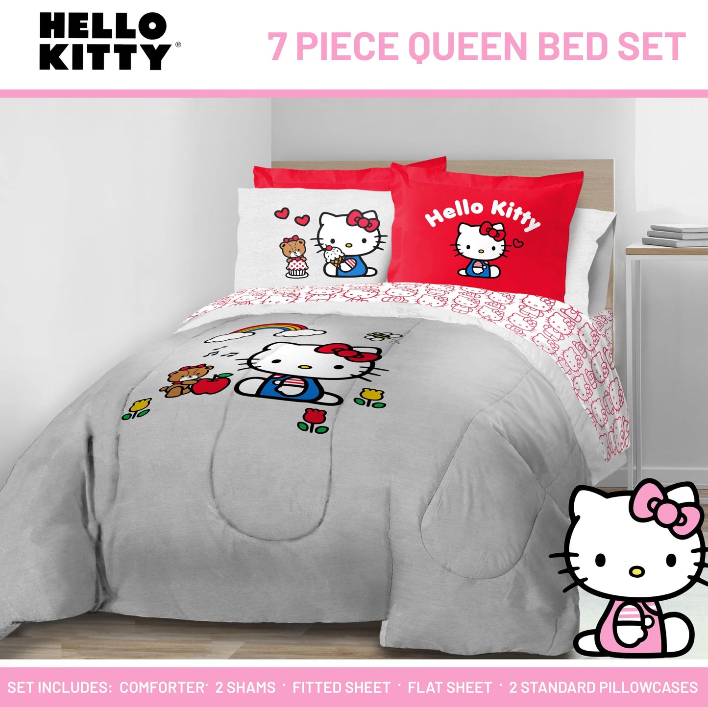 Jay Franco Sanrio Hello Kitty Queen Size Comforter Set - 7 Piece Red & Grey Bedding Includes Sheet Set & Pillow Covers - Super Soft Cozy Kawaii Bedding