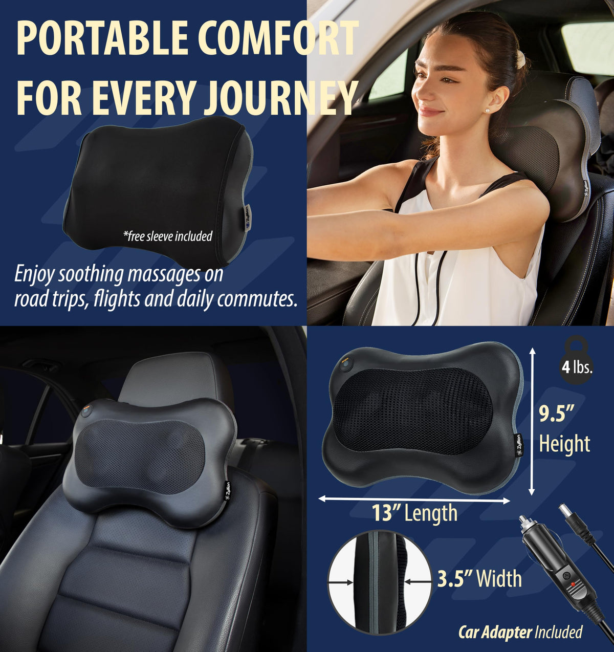 Zyllion Shiatsu Back and Neck Massager with Heat (FSA HSA Eligible) Cordless Rechargeable 3D Electric Kneading Deep Tissue Massage Pillow for Muscle Pain Relief on Shoulder, Leg, Foot ZMA-13RB