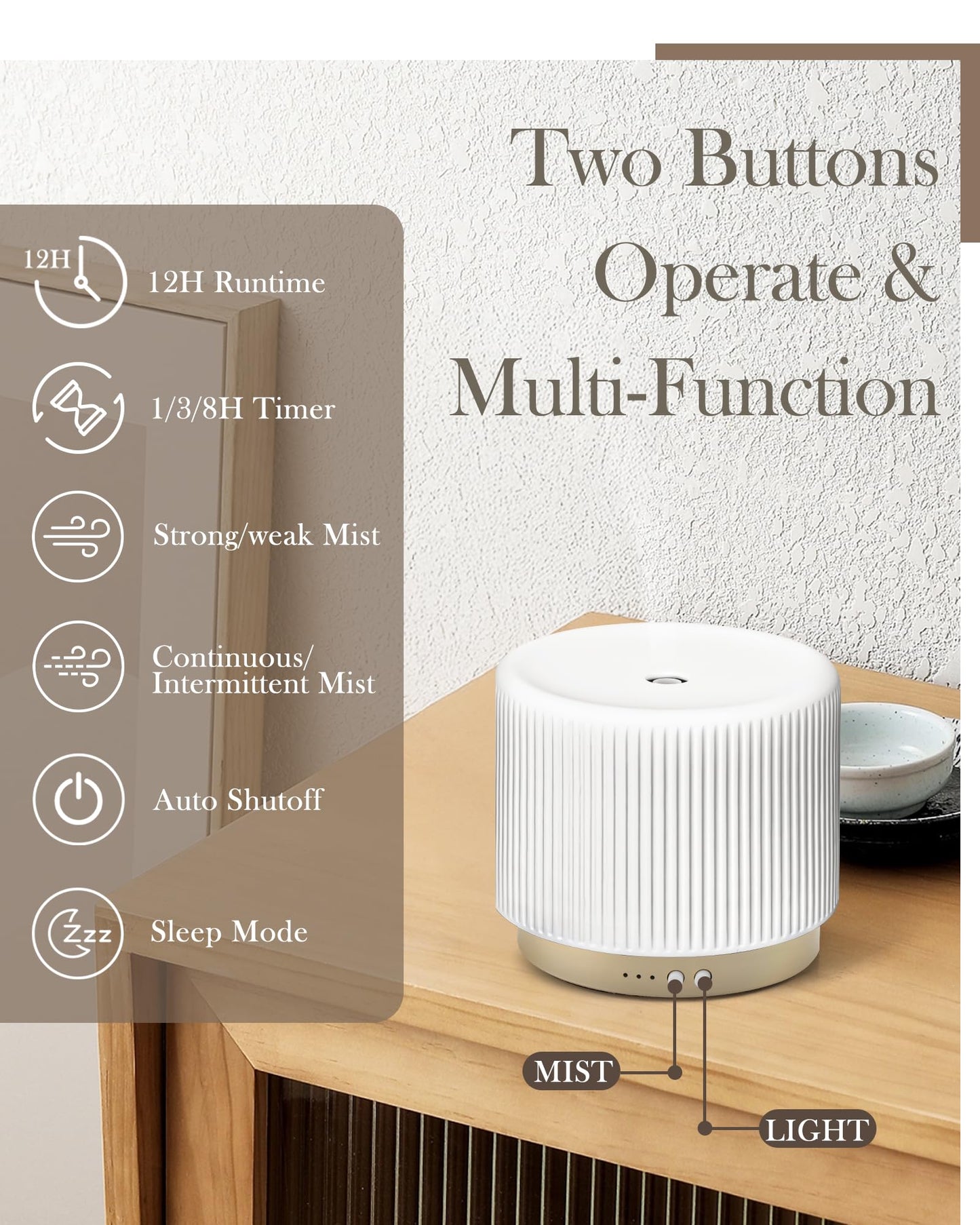 Essential Oil Diffuser - 280ml Ceramic Diffuser for Large Room & Commercial Use, 2.4MHz Aromatherapy Diffuser with Cool Mist Humidifier & Night Light, Ideal for Bedroom, Office, Yoga, Spa, Gifts