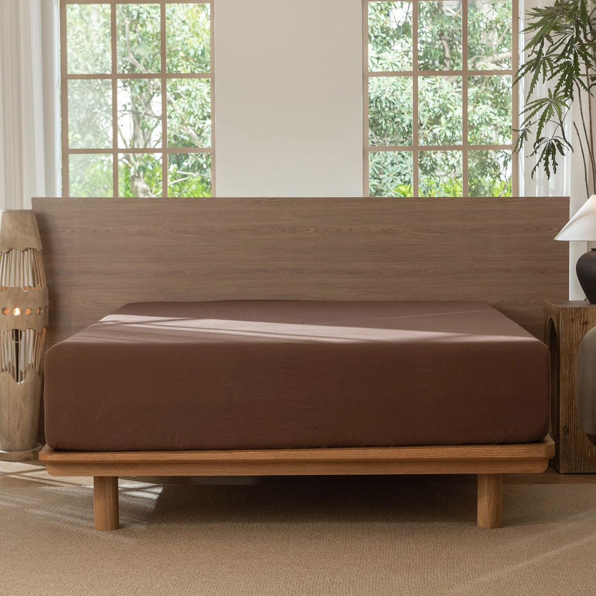 MooMee Fitted Bottom Sheet Only 100% Washed Cotton Linen Like Textured Breathable Durable Soft Comfy Deep Pocket Fits Mattress up to 17" (Cocoa Brown, Queen)