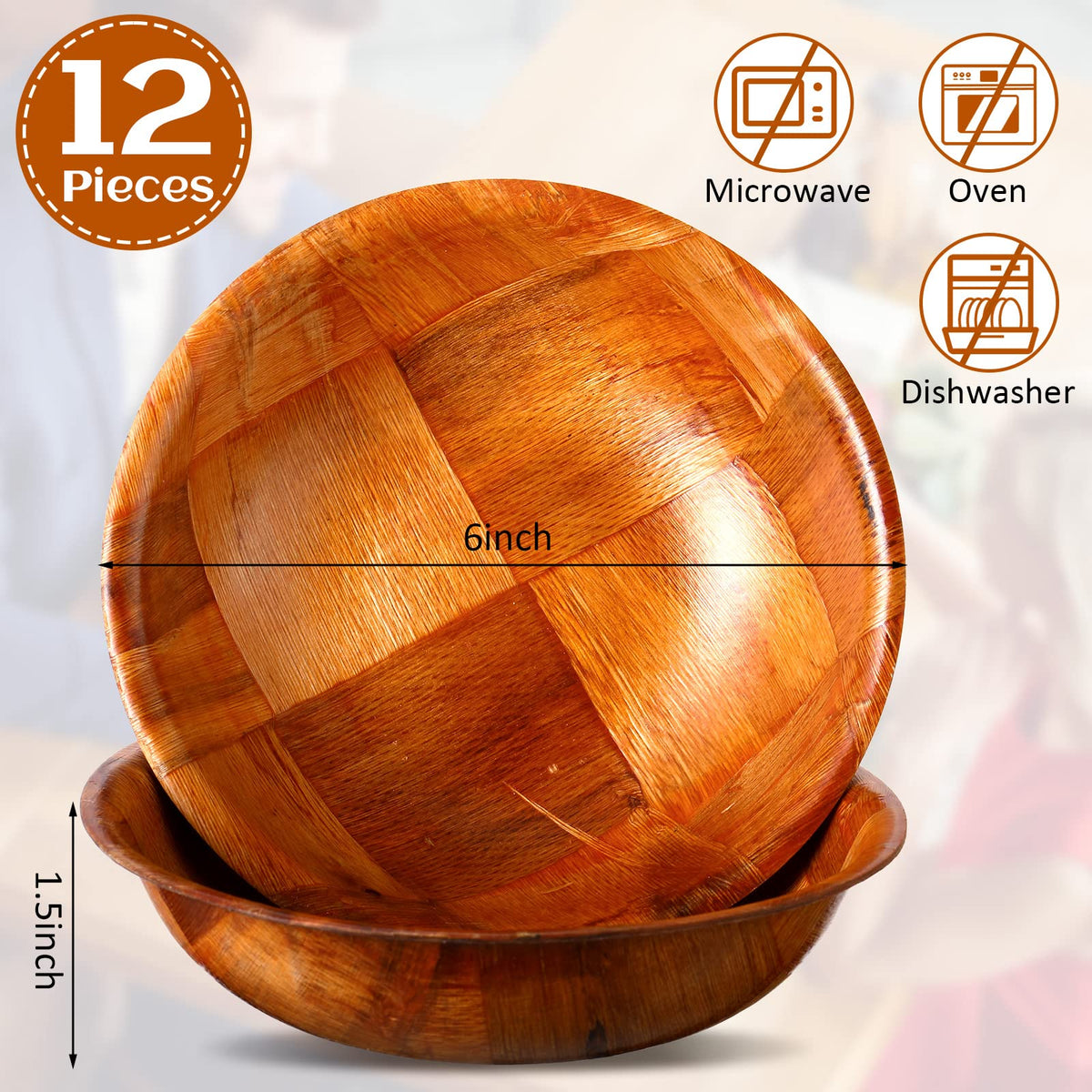 Didaey 12 Pcs Wooden Salad Bowl Set, 6 Inch Round Wood Serving Bowls, 6" Diameter x 1.5" Height, Wooden Woven Salad Bowls for Fruits, Vegetables, Snacks, Kitchen & Dining