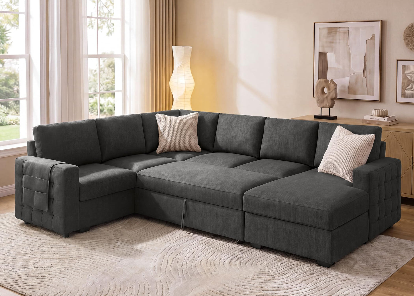HONBAY Sectional Couch with Pull Out Bed, U-Shaped Sectional Sleeper Sofa with Storage, 6 Seater Sectional Sofa Bed, Mid-Grey