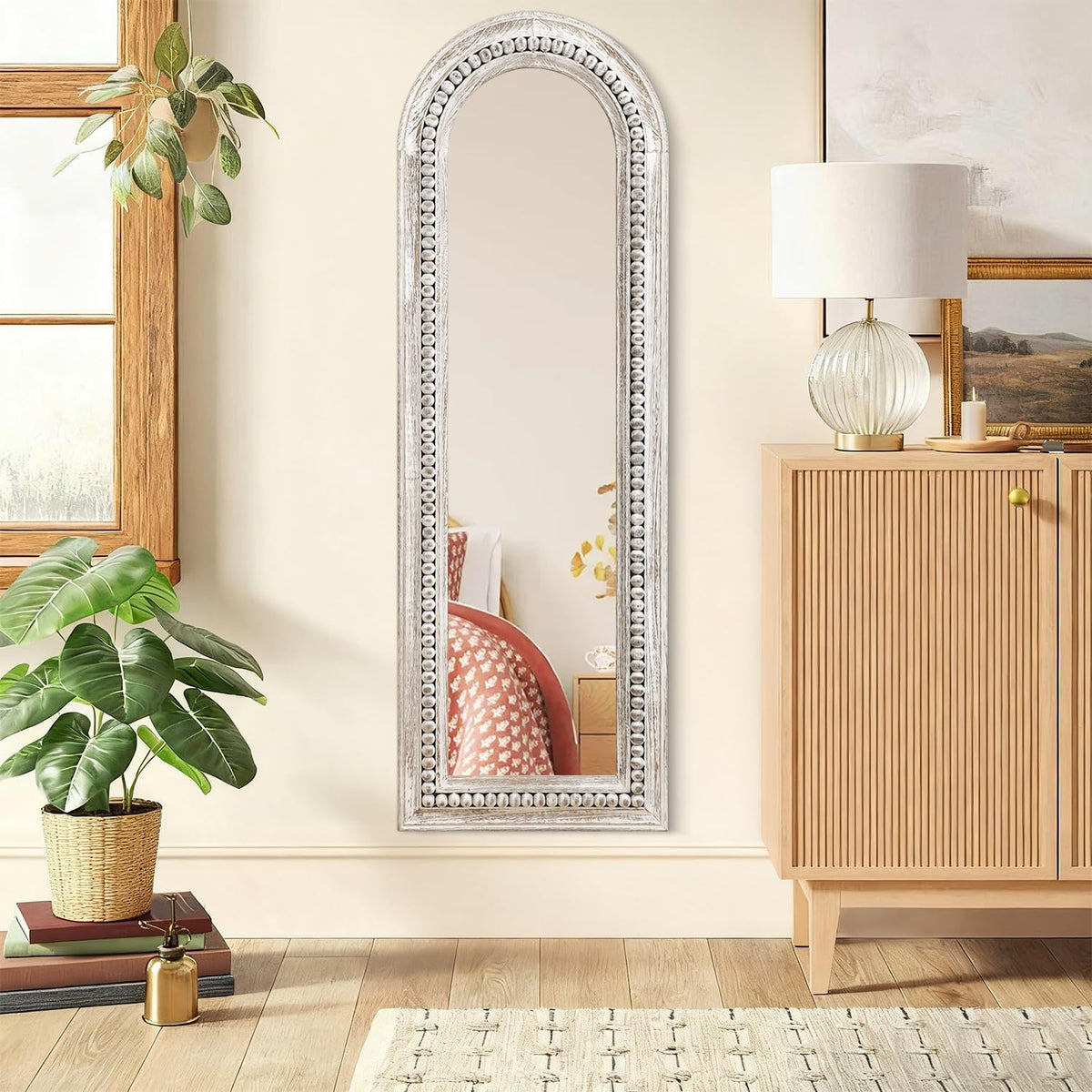 MWAZZLL Wall Mirror Full Length with Beaded Framed Arch Rustic Wood Floor Mirrors Decrorative Large 47"x16" for Bedroom Bathroom Living Room Entryway Dressing Room White