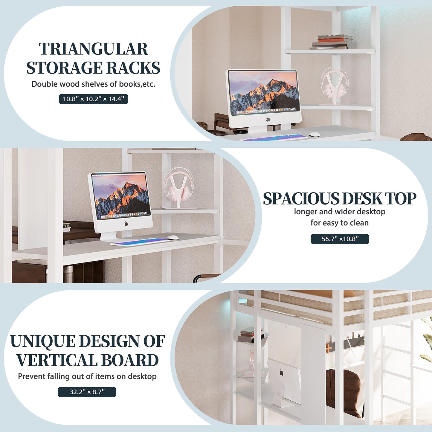 SUNLEI Loft Bed Full Size with Desk and Storage, Metal Full Size Loft Bed Frame with Dual Ladders, Safety Guard Rail, Space Saving Bed with Study Desk for Small Room, Teens Adults, Snowy White