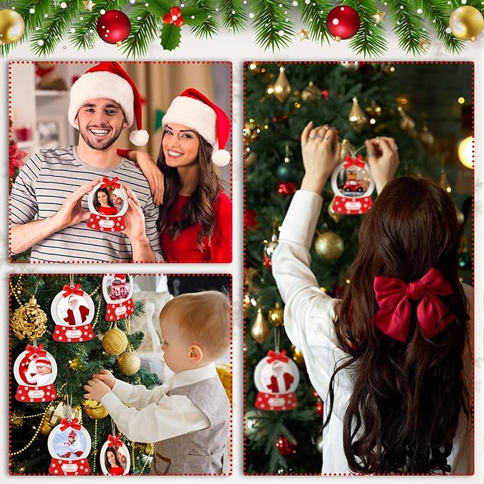 Blulu 24 Pcs Christmas Snowball Picture Ornament Bulk Snowflake Wooden Photo Frame Ornaments Christmas Hanging Ornaments for Tree Stockings Decorations