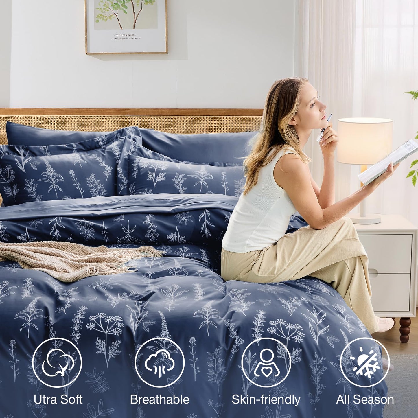 MUXHOMO Navy Blue Bed in a Bag Queen 7 Pieces, Queen Comforter Set Reversible Botanical Flowers Design, Ultra Soft & Breathable Bedding Sets with Comforter, Sheets, Pillowcases & Shams
