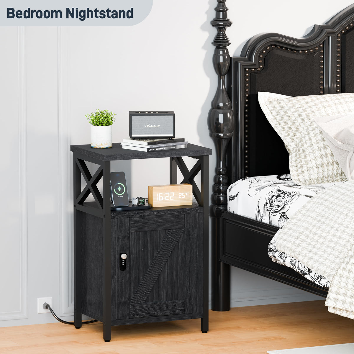 runjuly Wooden Nightstand with Charging Station, Bed Side Table with Drawers, Bedside Table with Lock, 3 USB & 2 Outlets, Night Stand with Cabinet Storage, End Table for Bedroom, Black